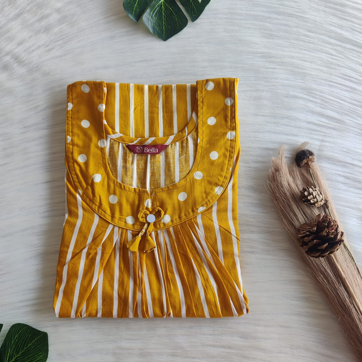 Mustard Yellow And White Stripes Printed Premium Cotton No Zip Pleated Nighty | Free Size | Chest Width 44″| Length 55″-56″