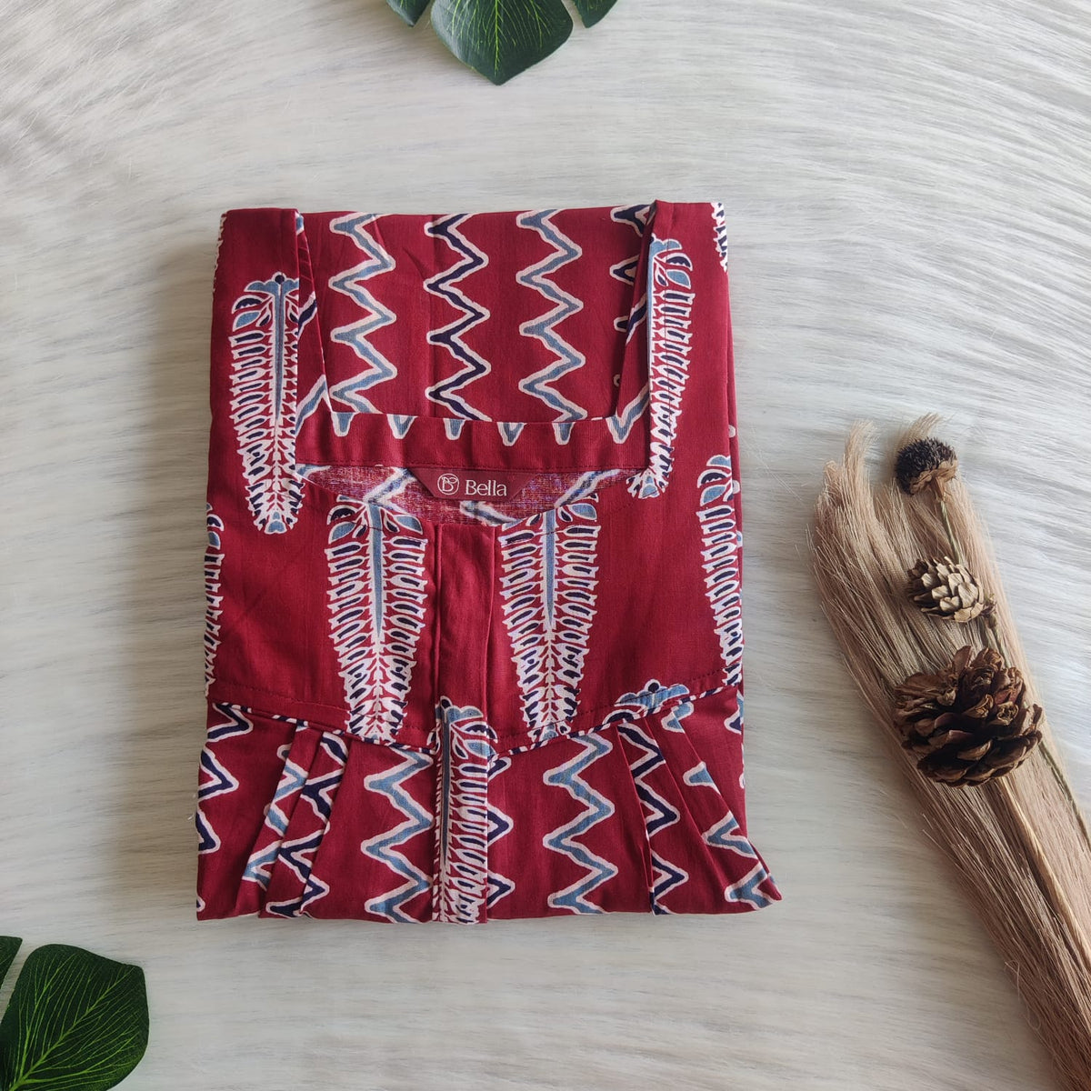 Blue And Maroon Zig-Zag Printed Premium Cotton Square Neck Pleated Nighty | Free Size | Chest Width 44″| Length 55″-56″