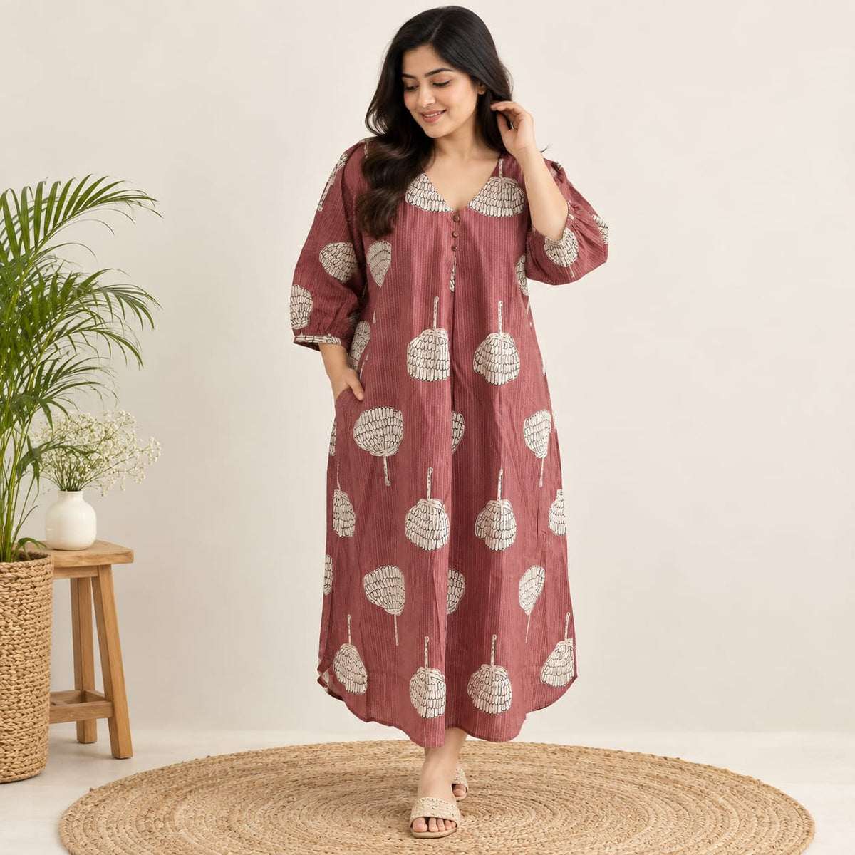 Onion Pink Floral Khadi Cotton Kurti