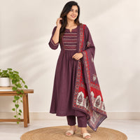 Wine Printed Cotton 3 Piece Set