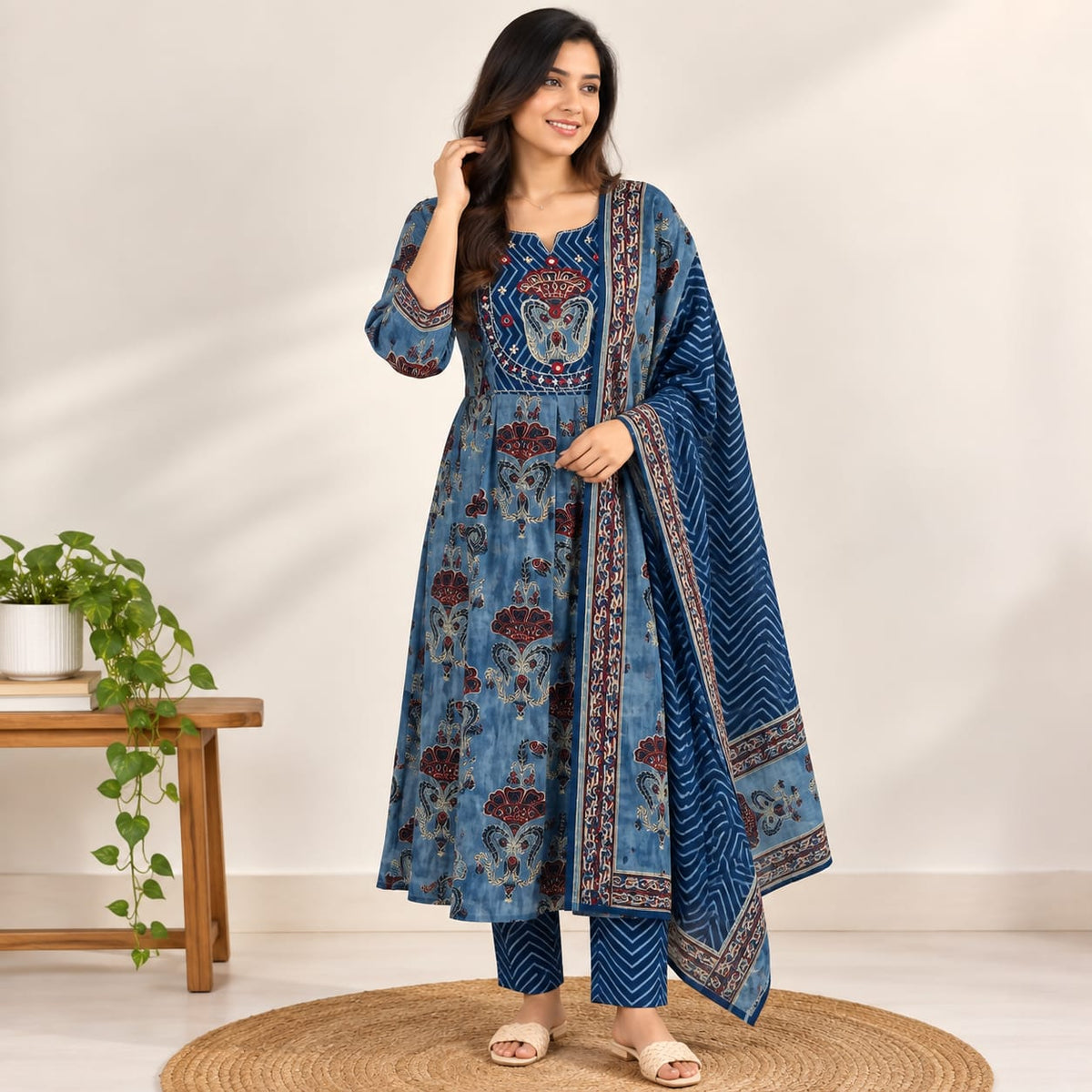 Blue Printed Cotton 3 Piece Set