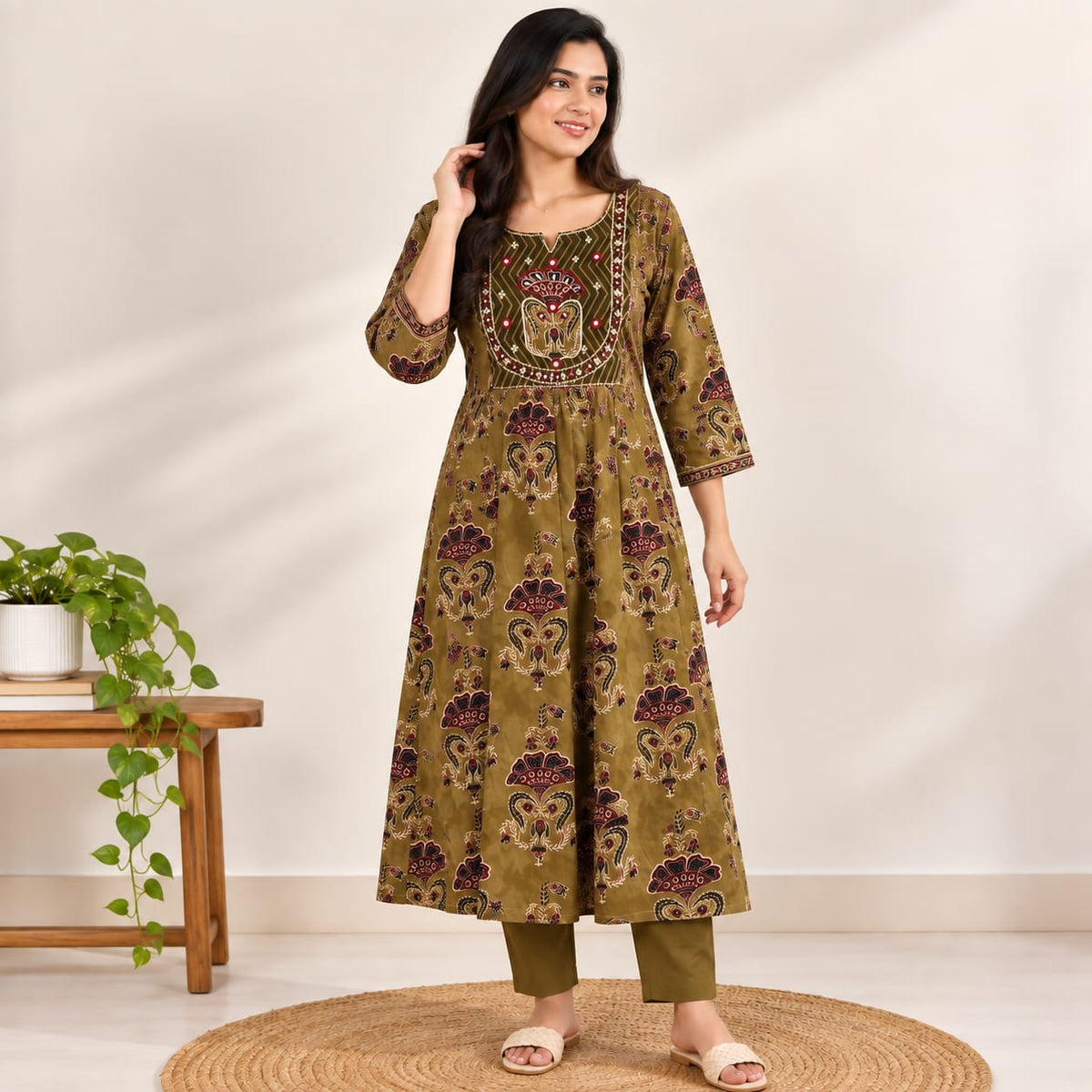 Olive Green Printed Cotton Co-Ord Set