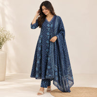 Navy Blue Printed Cotton 3 Piece Set