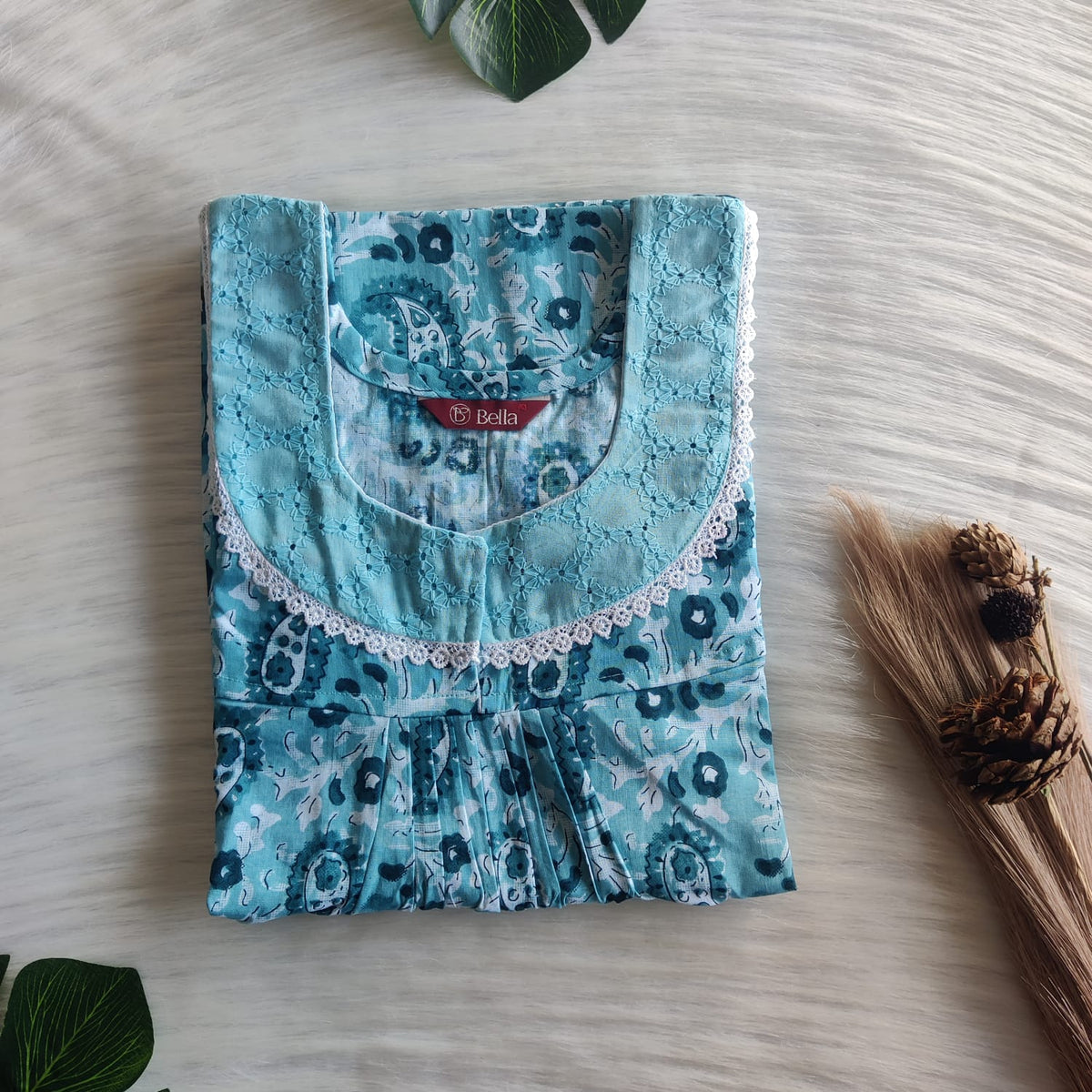 Pastel Blue Printed Premium Cotton Hakoba Lace Nighty | Free Size | Chest Width 44″| Length 54″-56″