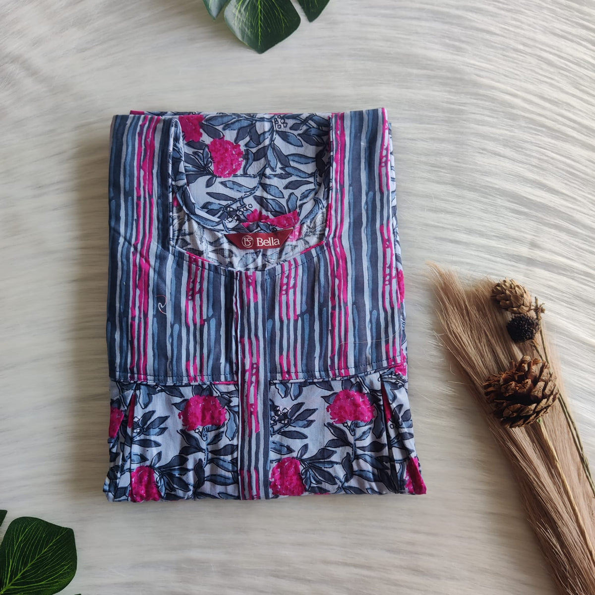 Blue And Pink Floral Printed Premium Cotton Pleated Vertical Zip Feeding Nighty | Free Size | Chest Width 44″| Length 54″-56″