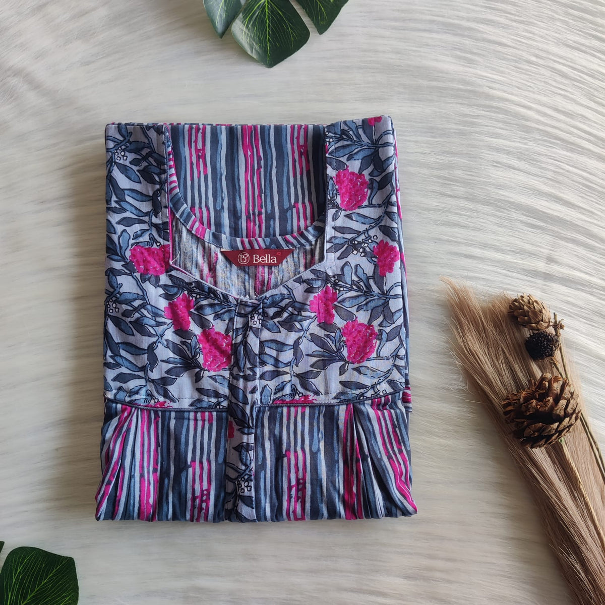 Pink And Blue Stripes Printed Premium Cotton Pleated Vertical Zip Feeding Nighty | Free Size | Chest Width 44″| Length 54″-56″