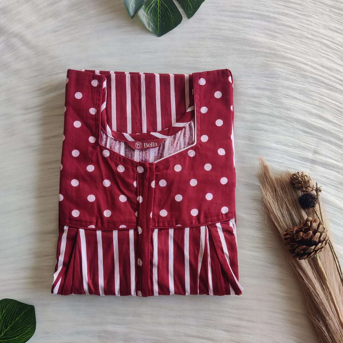 Maroon And White Stripes Printed Premium Cotton Pleated Vertical Zip Feeding Nighty | Free Size | Chest Width 44″| Length 54″-56″