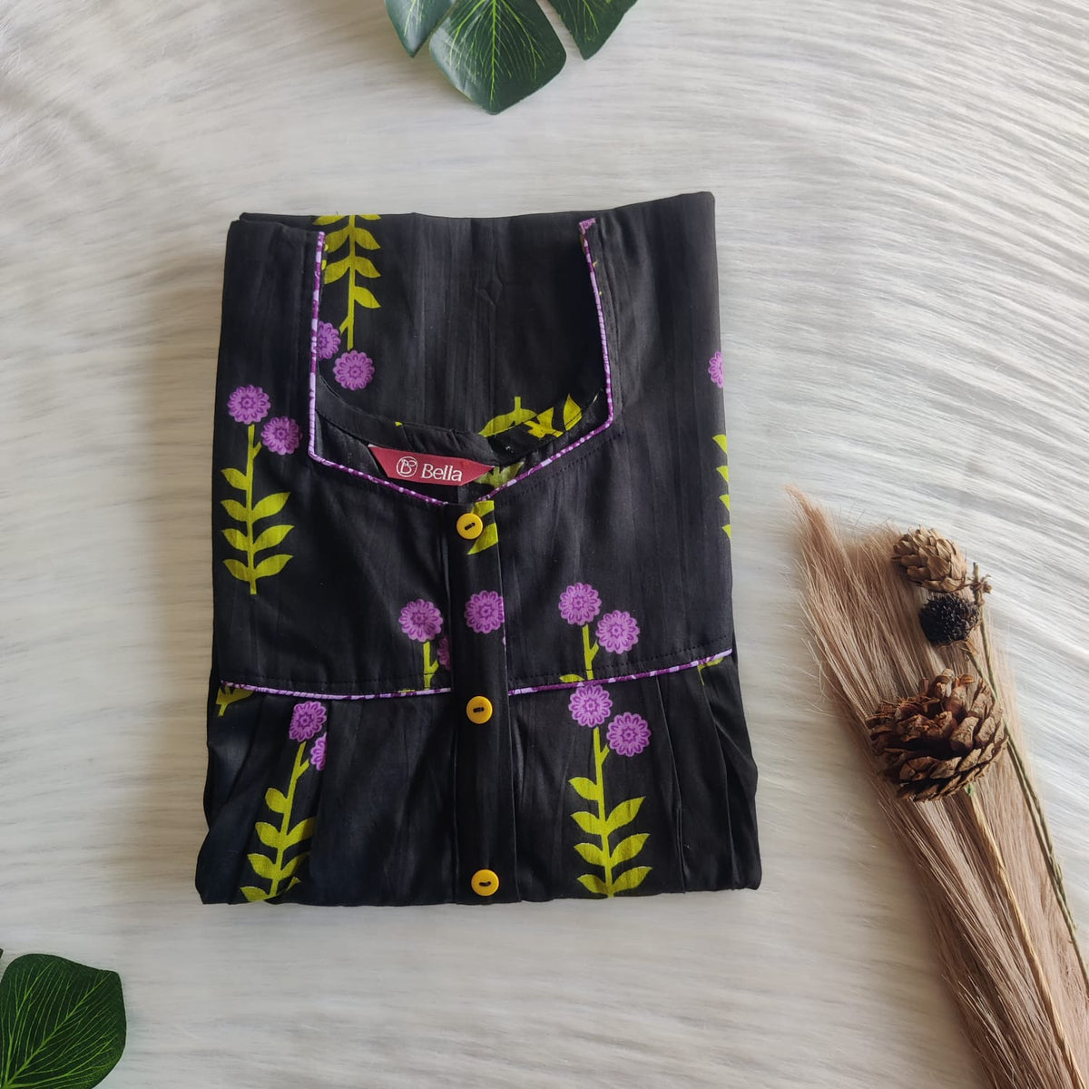 Purple Floral Printed Black Premium Cotton Button Zip Nighty | Free Size | Chest Width 44″| Length 55″-56|