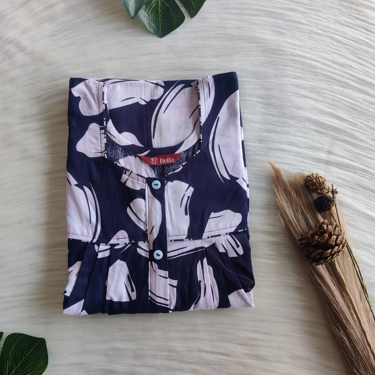 Navy Blue And White Printed Premium Cotton Button Zip Nighty | Free Size | Chest Width 44″| Length 55″-56|