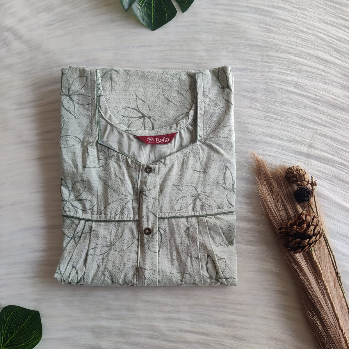 Pale Green Floral Printed Pure Cotton Button Zip Nighty | Free Size | Chest Width 44″| Length 56″