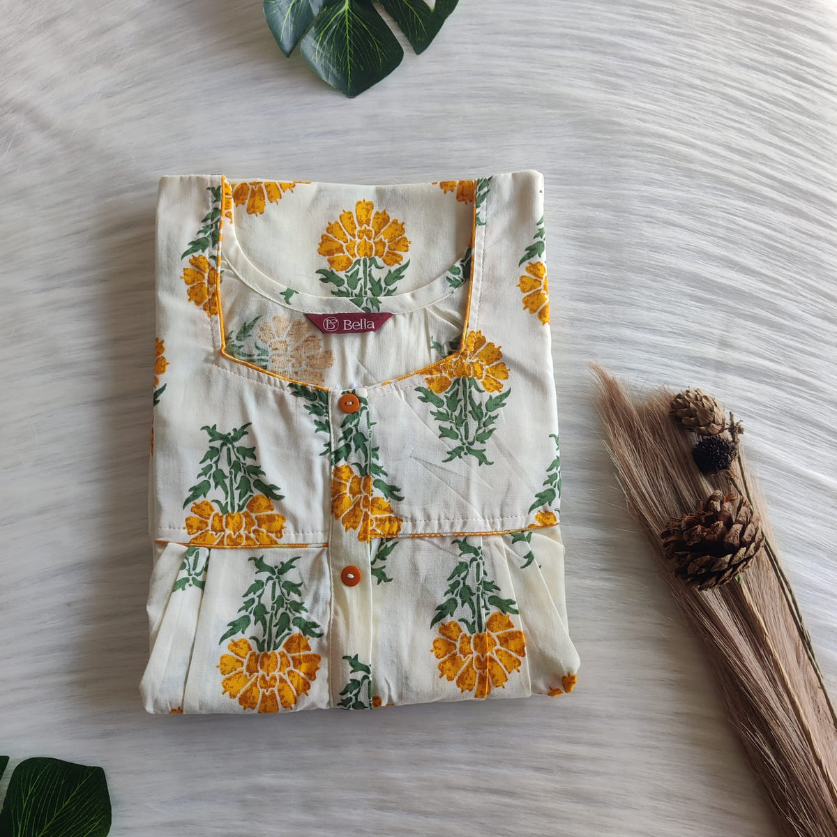 Yellow Floral Printed Ivory Pure Cotton Plus Size Button Zip Nighty | Chest Width 50″| Length 55″-56″