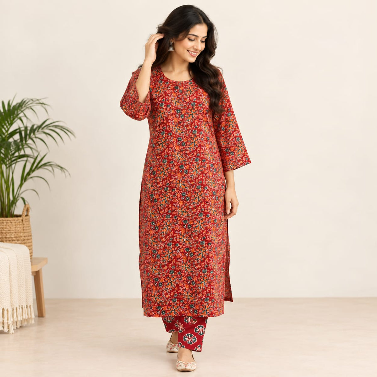 Green Printed Maroon Cotton Co-Ord Set