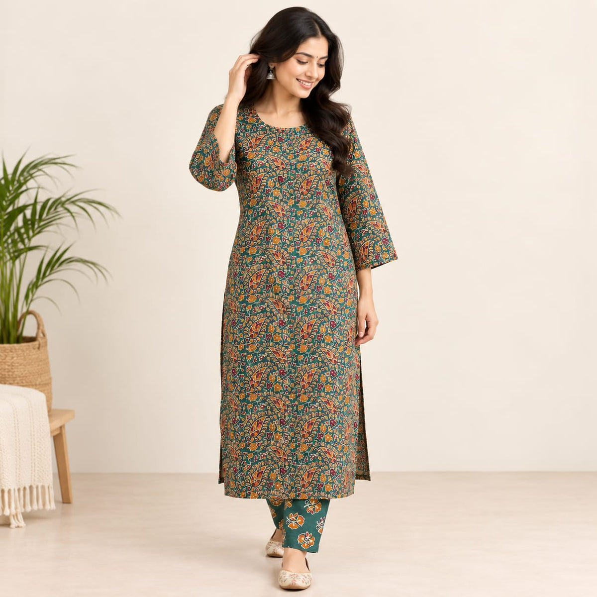 Yellow Printed Green Cotton Co-Ord Set