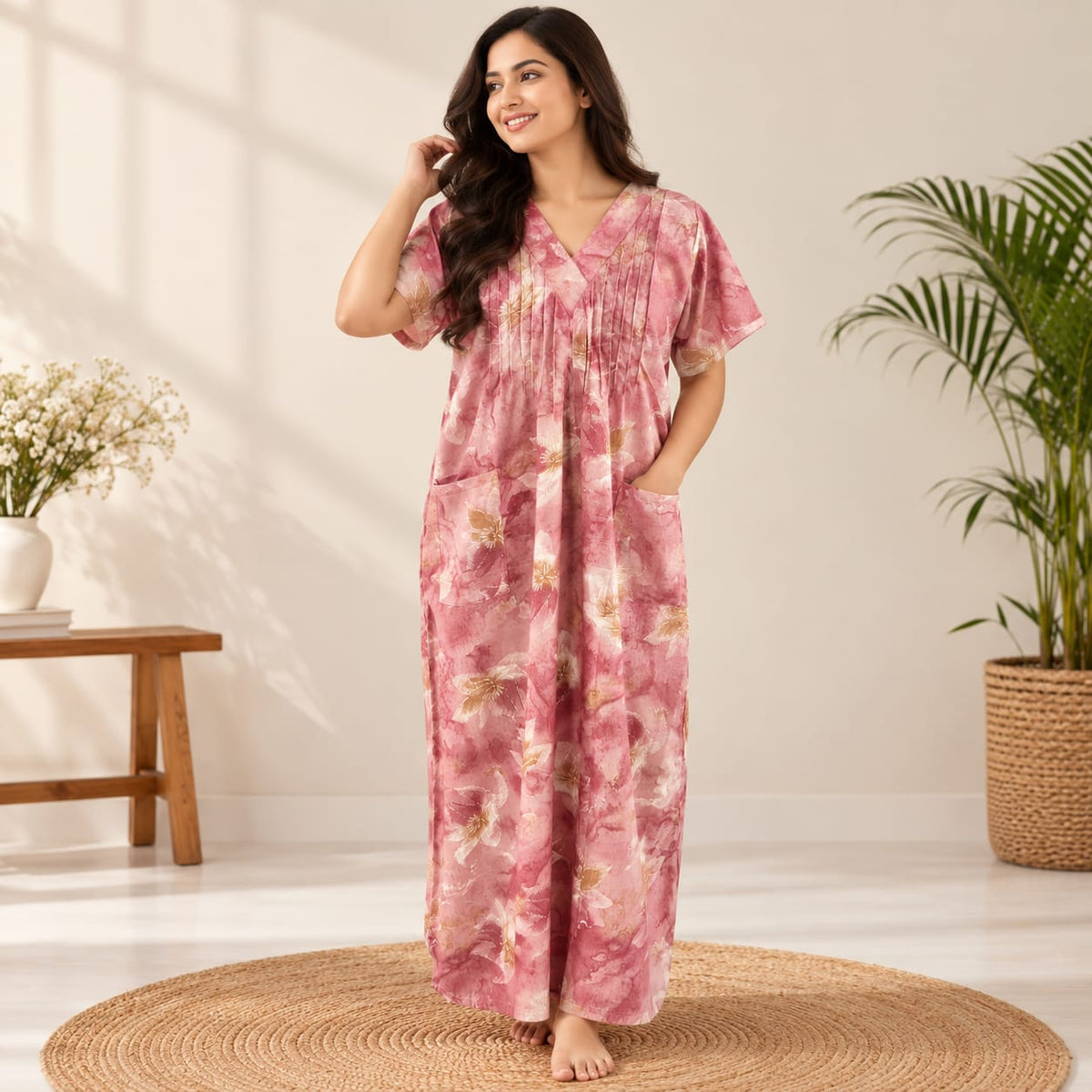 Onion Pink Printed V-Neck Alfine Churidar Cut Nighty | Free Size | Chest Width 44″| Length 56″