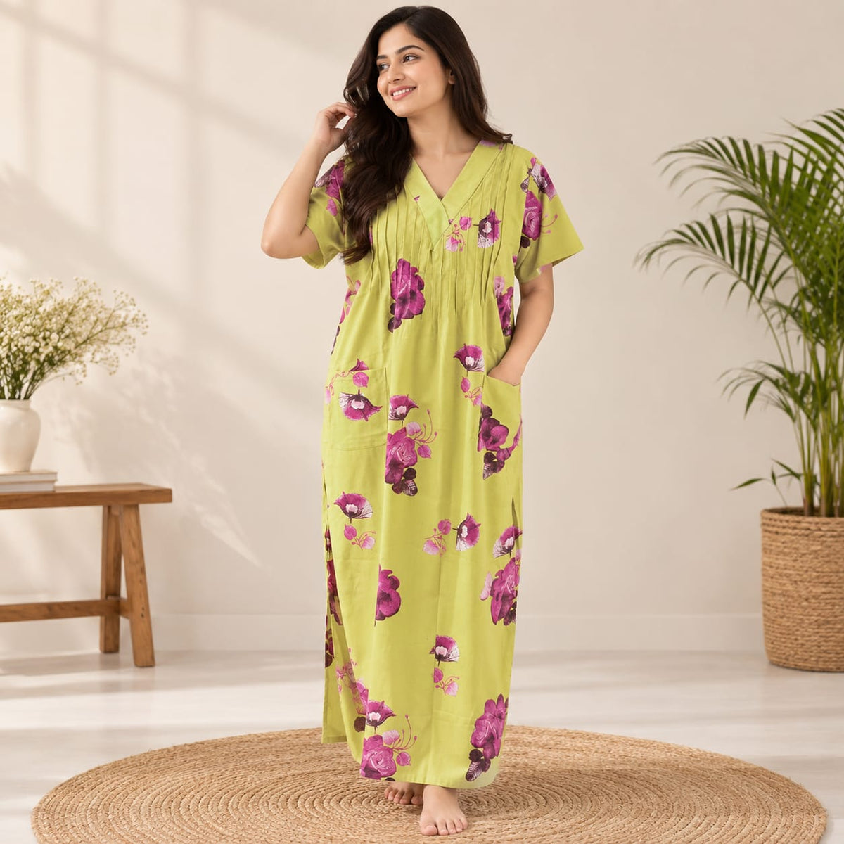 Wine Floral Printed Green V-Neck Alfine Churidar Cut Nighty | Free Size | Chest Width 44″| Length 56″