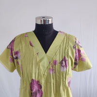Wine Floral Printed Green V-Neck Alfine Churidar Cut Nighty | Free Size | Chest Width 44″| Length 56″