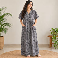 Grey Printed Navy Blue Printed V-Neck Alfine Churidar Cut Nighty | Free Size | Chest Width 44″| Length 56″