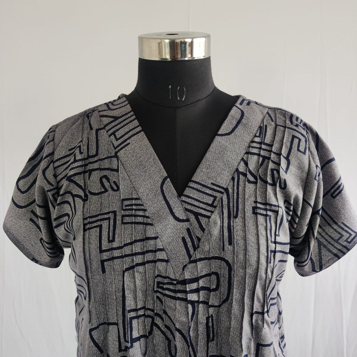 Grey Printed Navy Blue Printed V-Neck Alfine Churidar Cut Nighty | Free Size | Chest Width 44″| Length 56″
