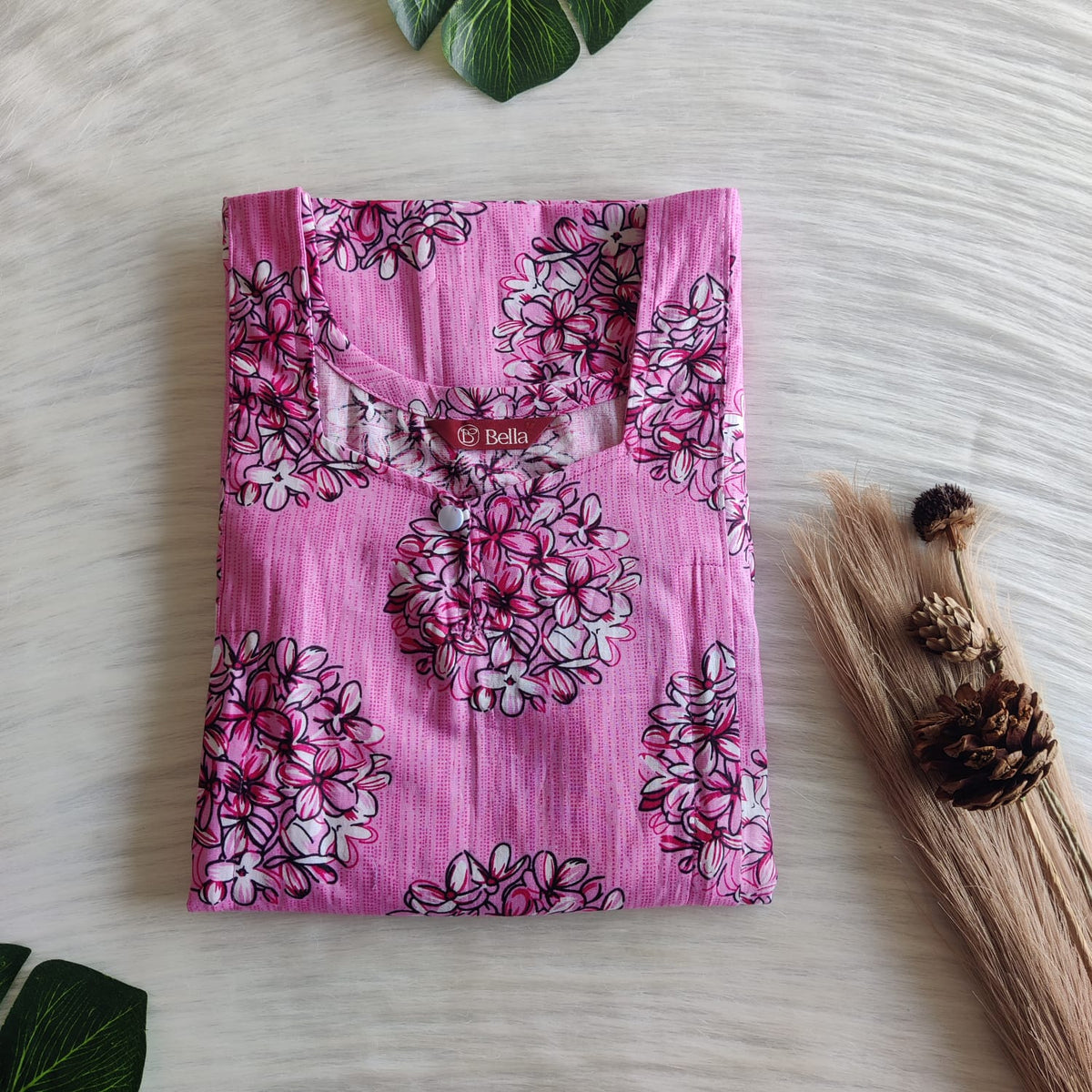 Pink Floral Printed Premium Cotton Aline Cut Vertical Zip Feeding Nighty | Free Size | Chest Width 44″| Length 54″-56″