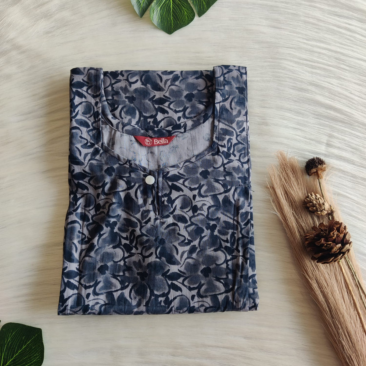 Dark Grey Floral Printed Premium Cotton Aline Cut Vertical Zip Feeding Nighty | Free Size | Chest Width 44″| Length 54″-56″