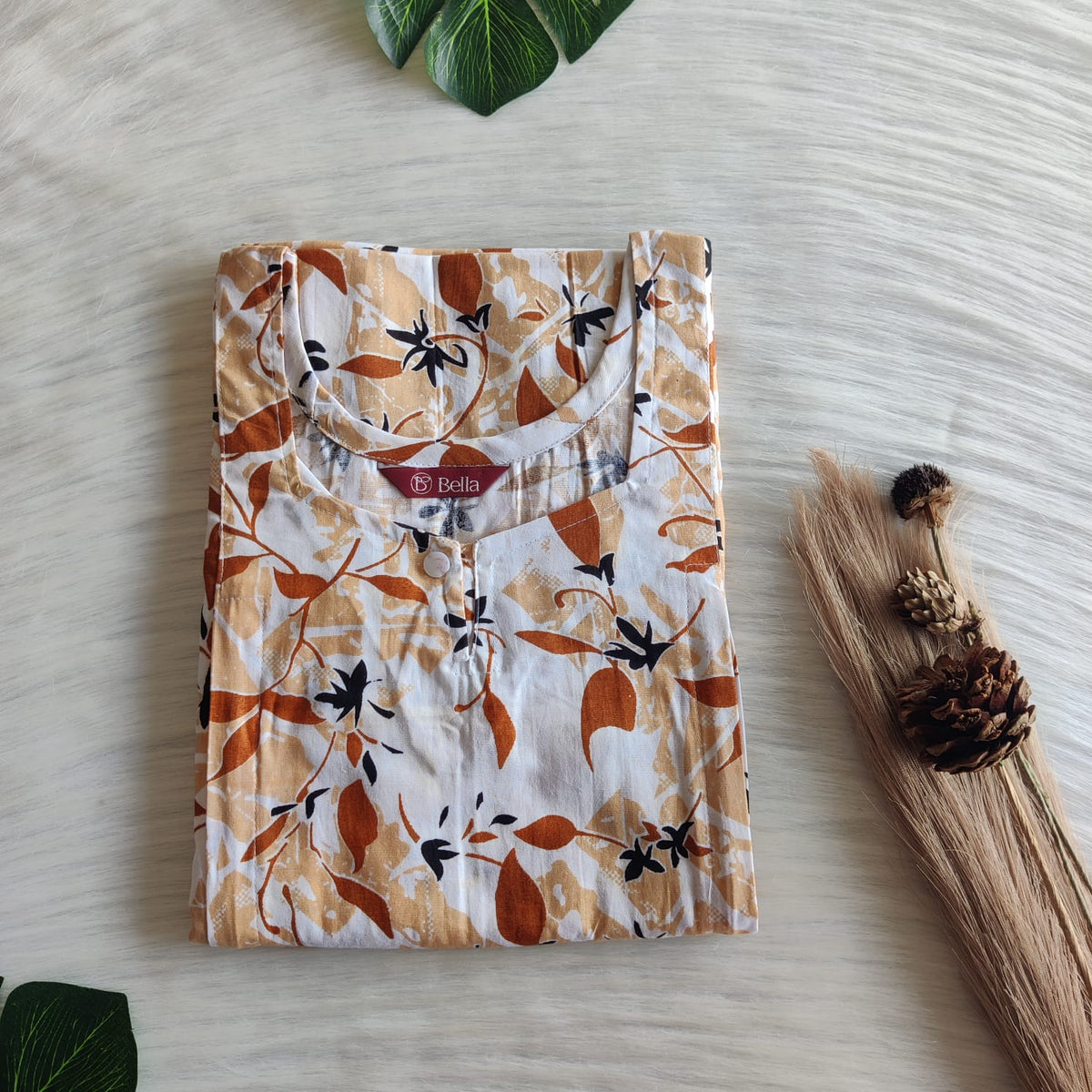 Brown Printed White Premium Cotton Aline Cut Vertical Zip Feeding Nighty | Free Size | Chest Width 44″| Length 54″-56″