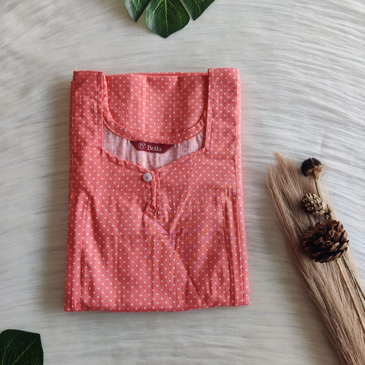 Peach Dot Printed Premium Cotton Aline Cut Vertical Zip Feeding Nighty | Free Size | Chest Width 44″| Length 54″-56″