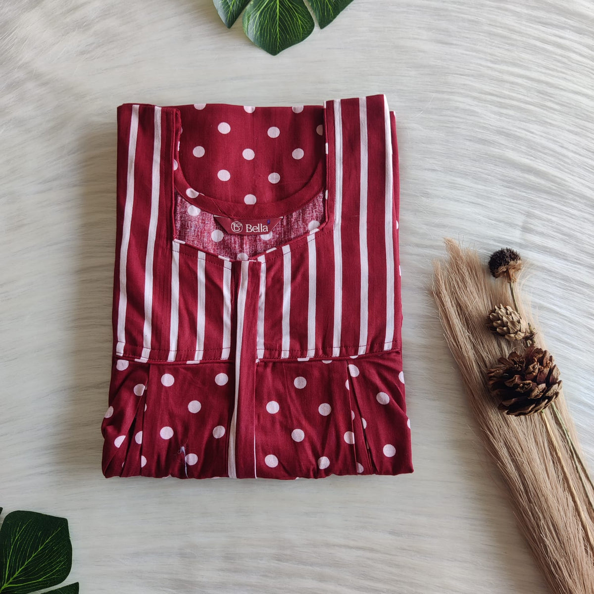 White And Maroon Dot Printed Premium Cotton Pleated Vertical Zip Feeding Nighty | Free Size | Chest Width 44″| Length 54″-56″