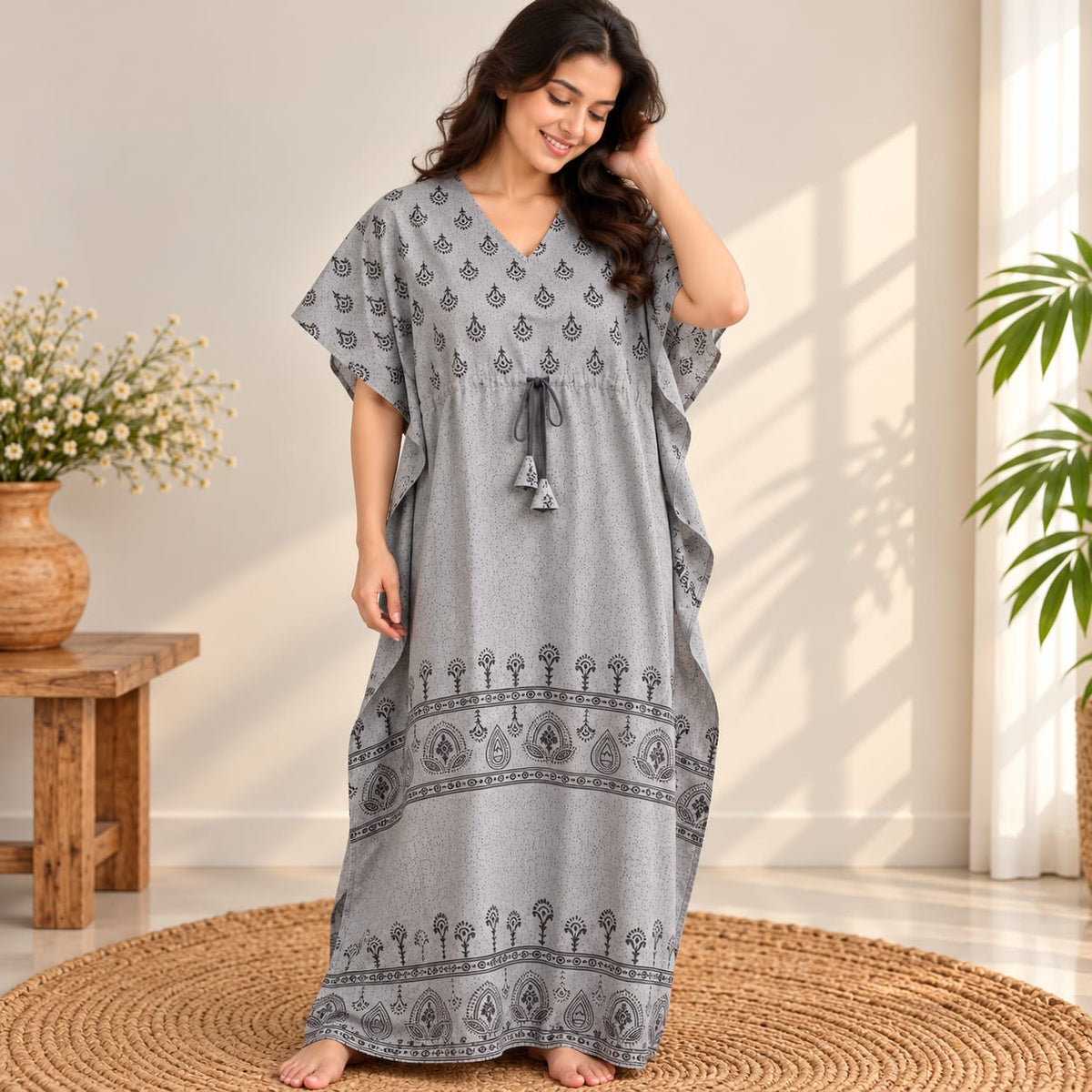 Grey Floral Printed Premium Cotton Non Feeding Kaftan | Free Size | Chest Width 44″| Length 56″
