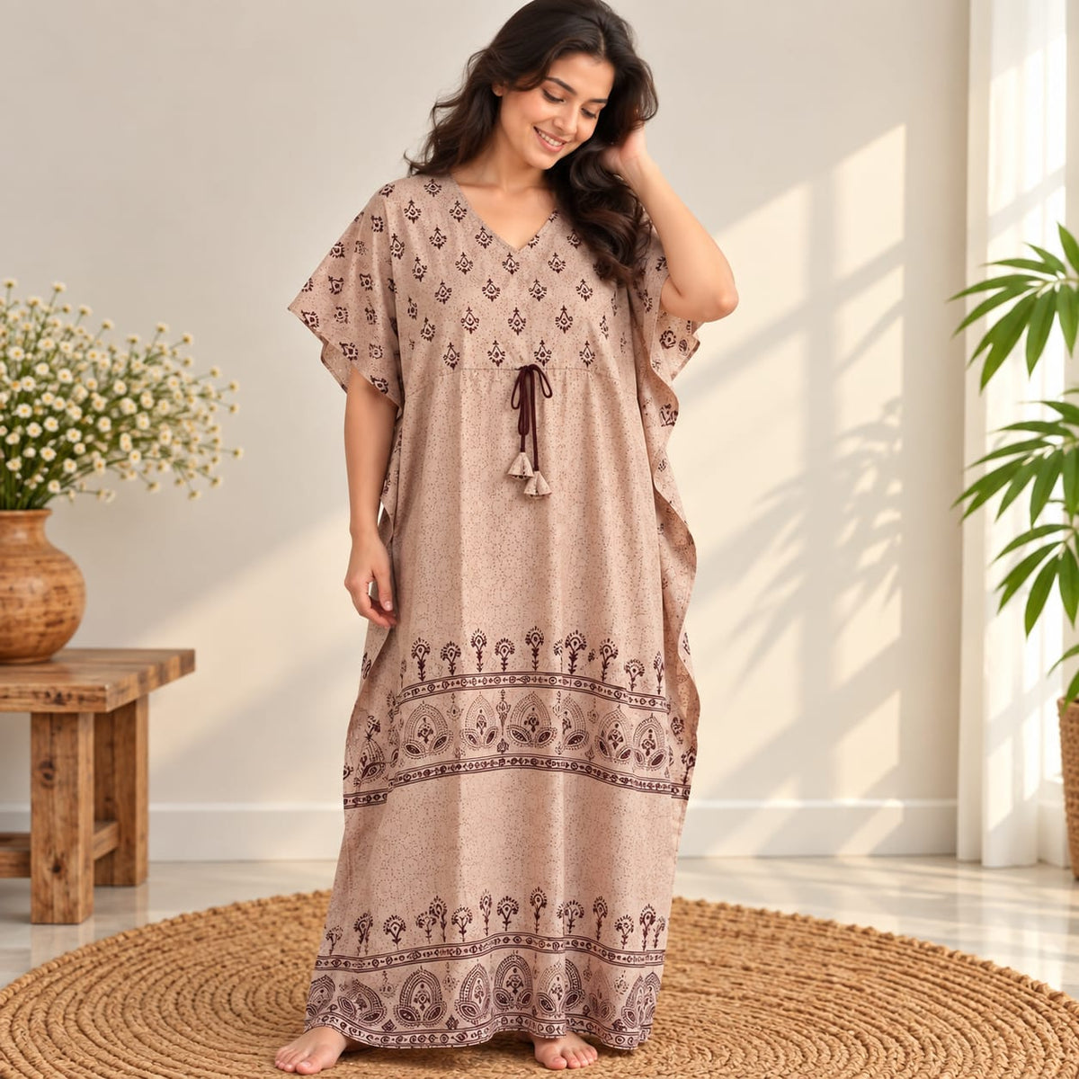 Brown Printed Premium Cotton Non Feeding Kaftan | Free Size | Chest Width 44″| Length 56″
