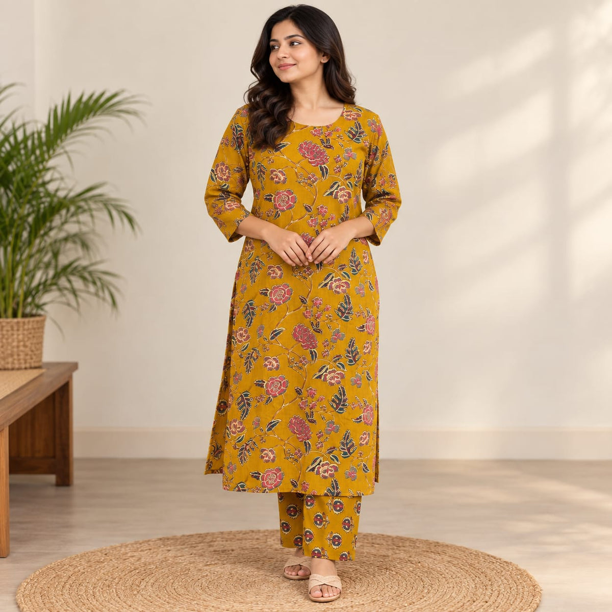 Pink Floral Printed Yellow Cotton Co-Ord Set