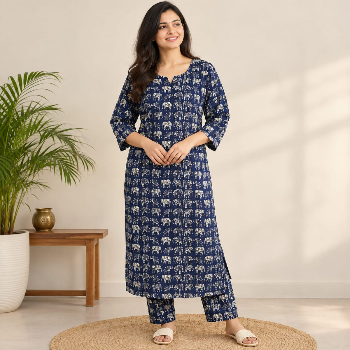 Elephant Printed Navy Blue Cotton Co-Ord Set
