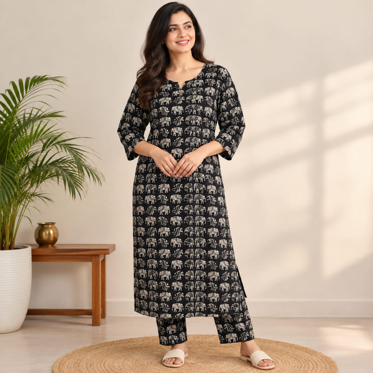 Elephant Printed Black Cotton Co-Ord Set