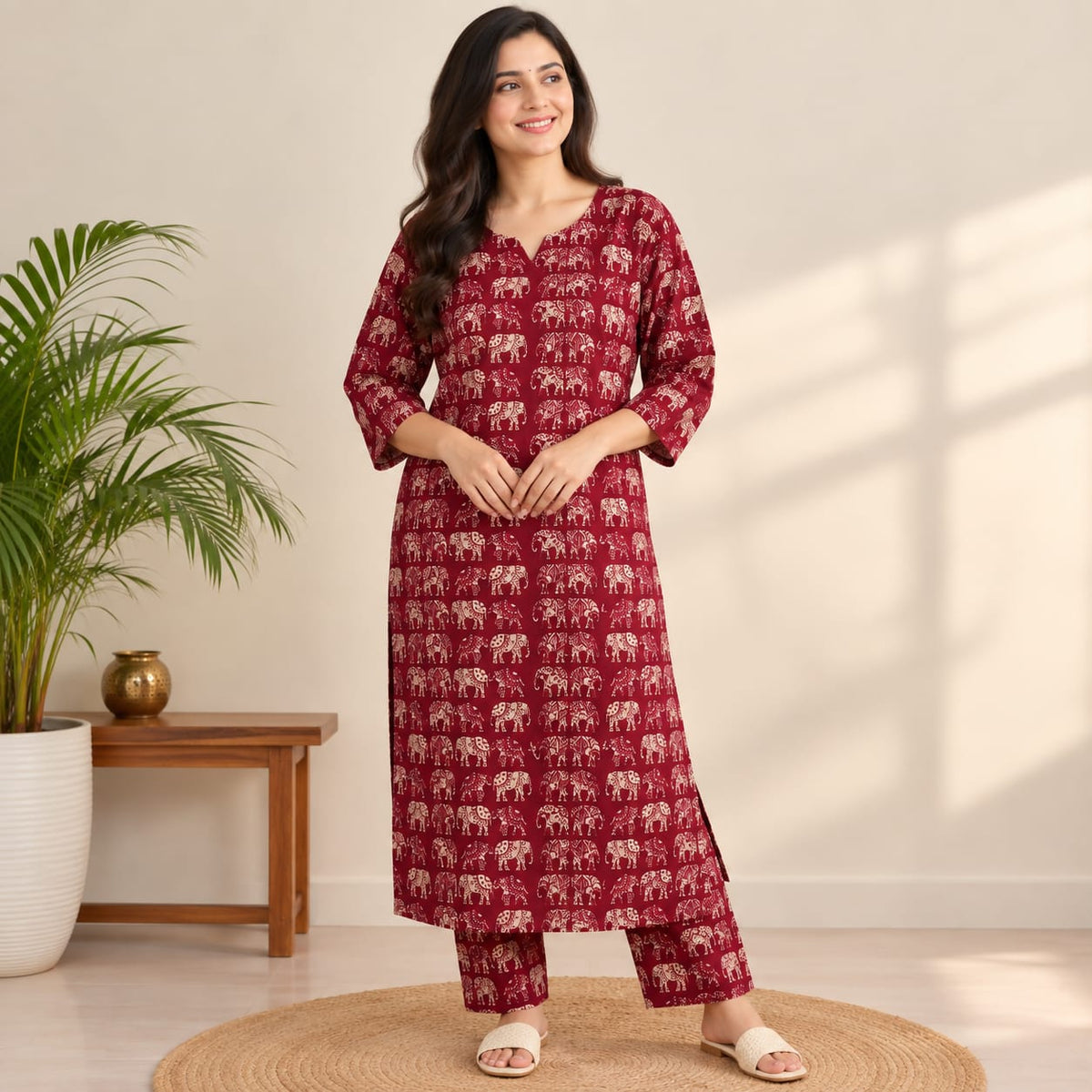Elephant Printed Maroon Cotton Co-Ord Set