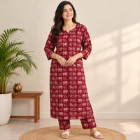 Elephant Printed Maroon Cotton Co-Ord Set