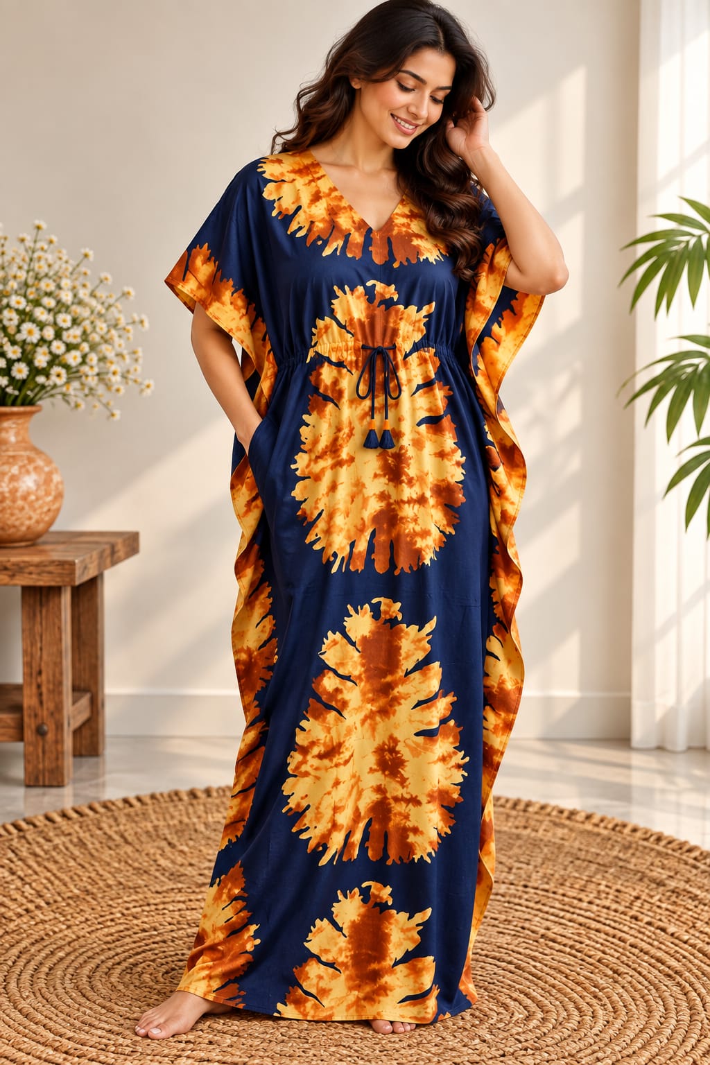 Navy Blue Batik Printed Premium Cotton Non Feeding Kaftan | Free Size | Chest Width 44″| Length 56″