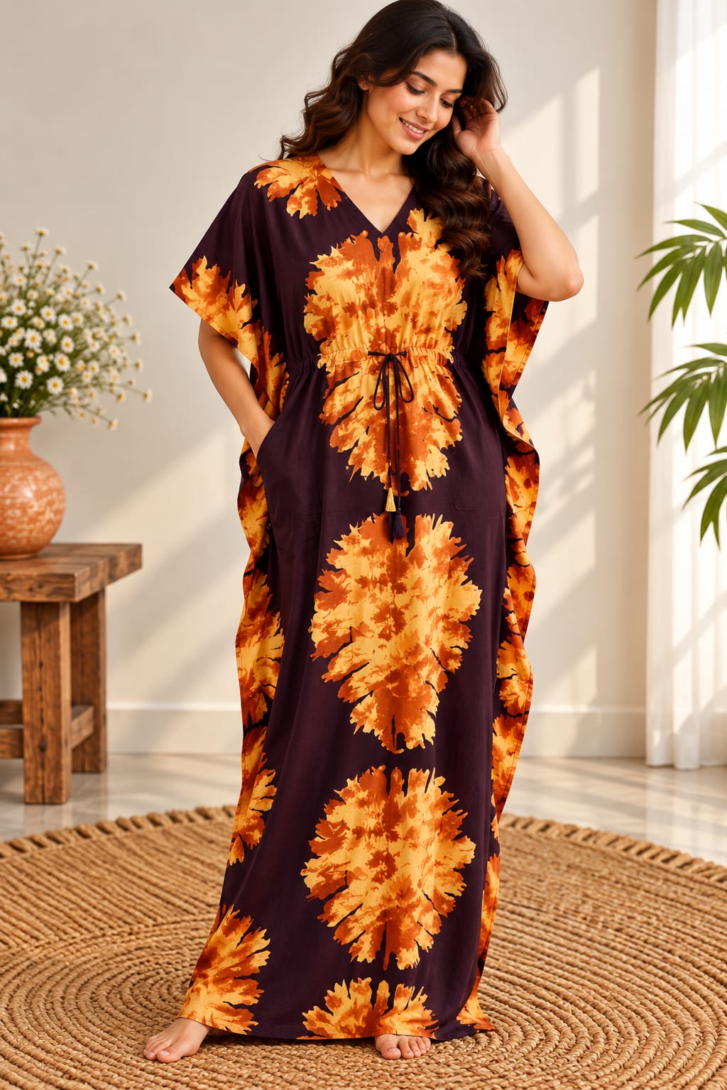 Coffee Brown Batik Printed Premium Cotton Non Feeding Kaftan | Free Size | Chest Width 44″| Length 56″