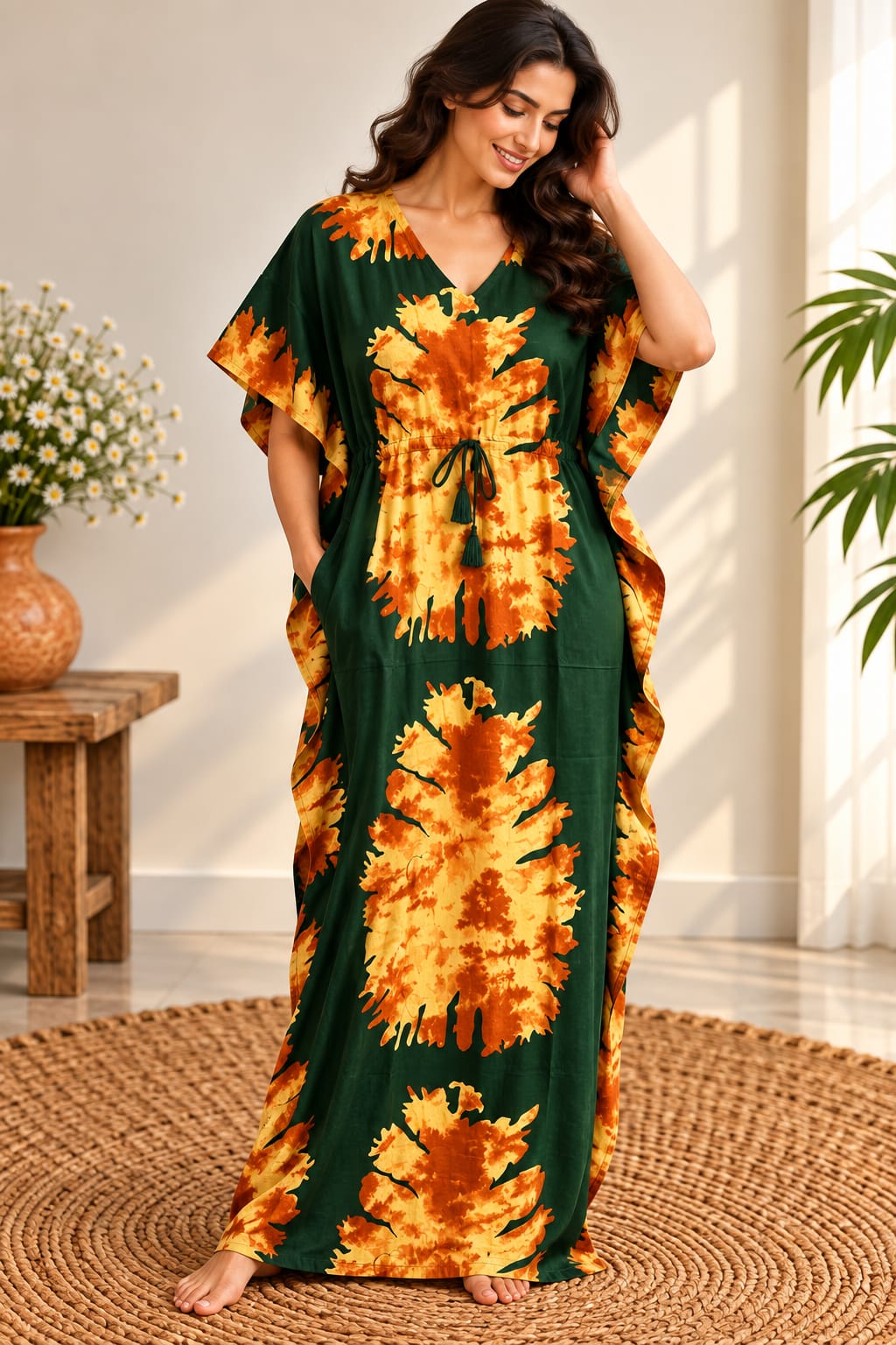 Green Batik Printed Premium Cotton Non Feeding Kaftan | Free Size | Chest Width 44″| Length 56″