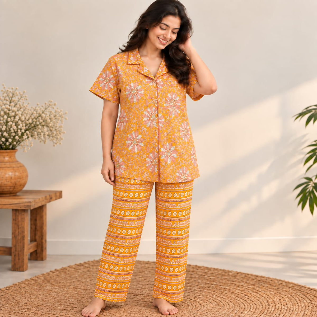 Pink Floral Printed Yellow Jaipur Cotton Shirt Pyjama Set | Free Size |