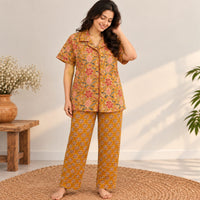 Maroon Floral Printed Mustard Yellow Jaipur Cotton Shirt Pyjama Set | Free Size |