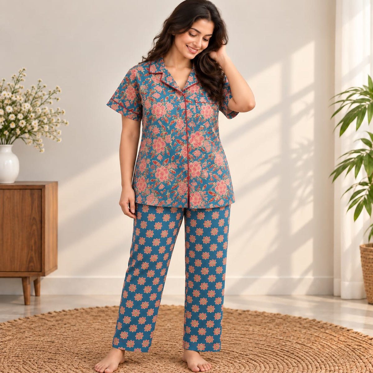 Pink Floral Printed Blue Jaipur Cotton Shirt Pyjama Set | Free Size |
