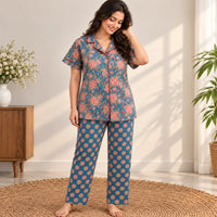 Pink Floral Printed Blue Jaipur Cotton Shirt Pyjama Set | Free Size |