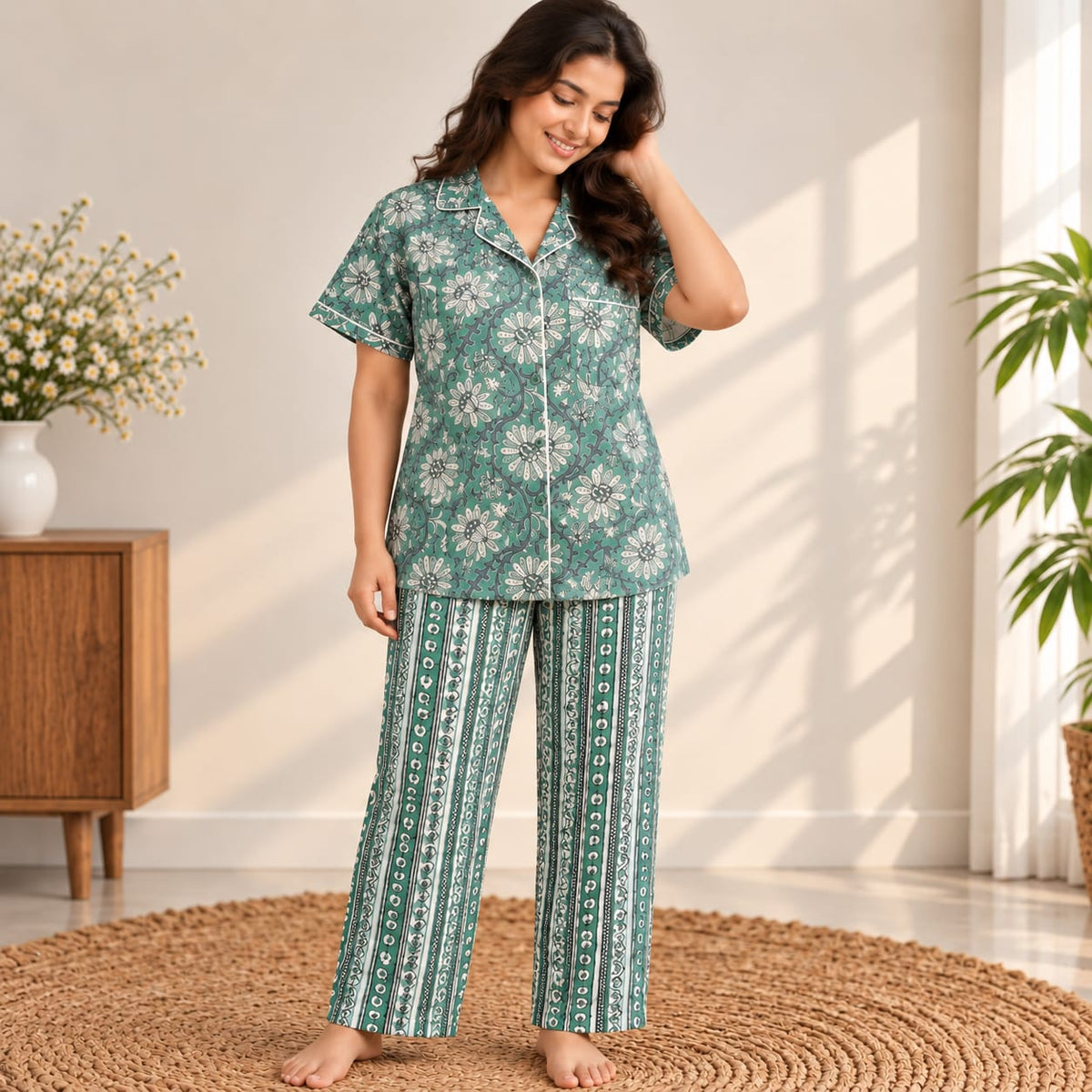Green Floral Printed Jaipur Cotton Shirt Pyjama Set | Free Size |