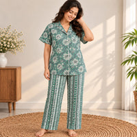 Green Floral Printed Jaipur Cotton Shirt Pyjama Set | Free Size |