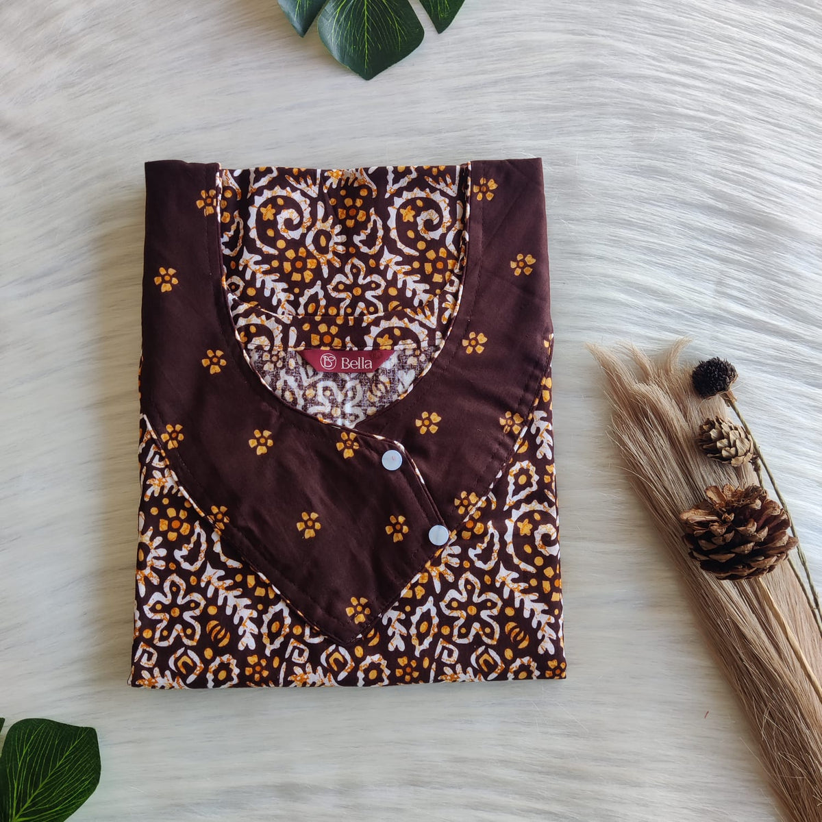 Coffee Brown And White Floral Printed Premium Cotton Side Button Nighty | Free Size | Chest Width 44″| Length 55″-56″