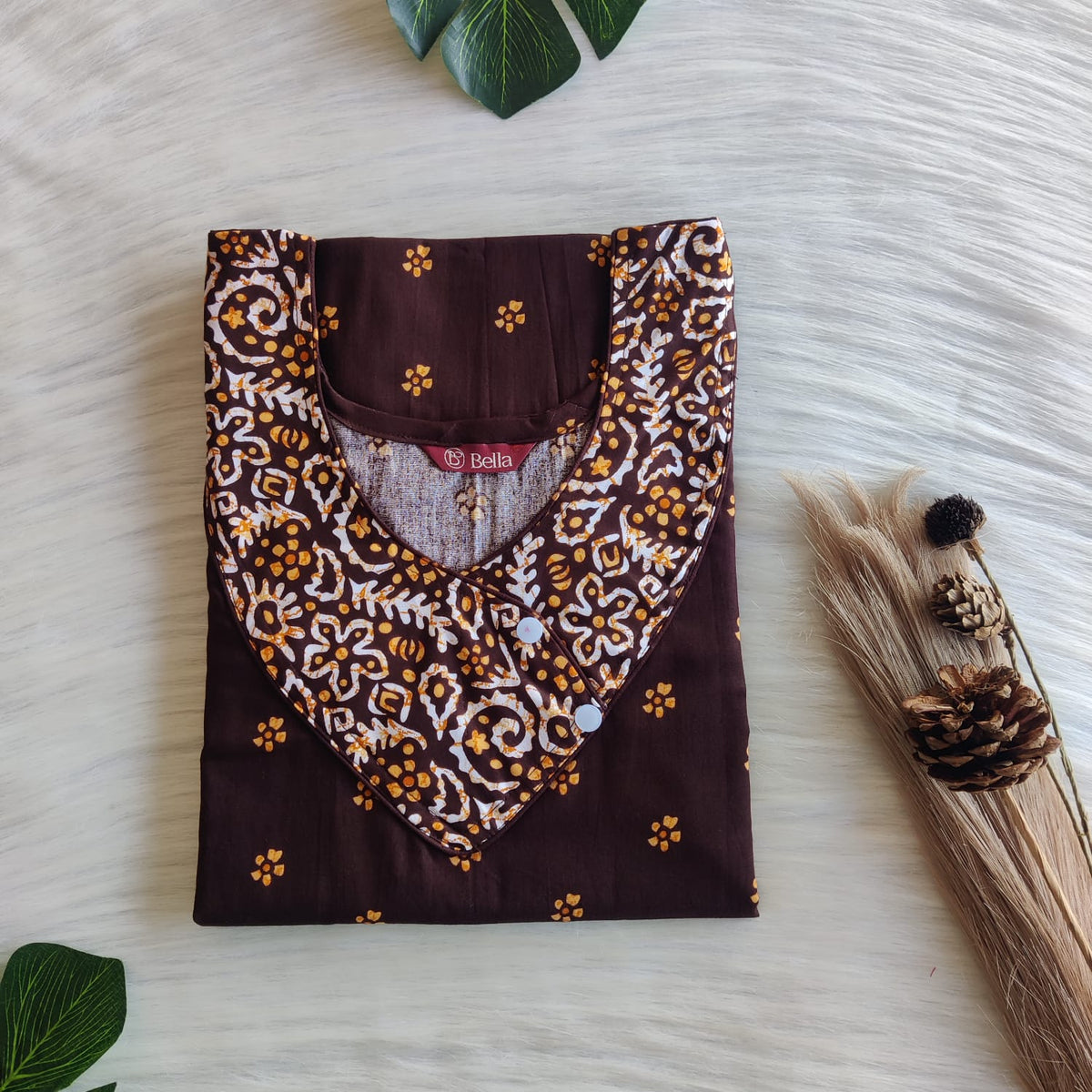 White And Coffee Brown Printed Premium Cotton Side Button Nighty | Free Size | Chest Width 44″| Length 55″-56″