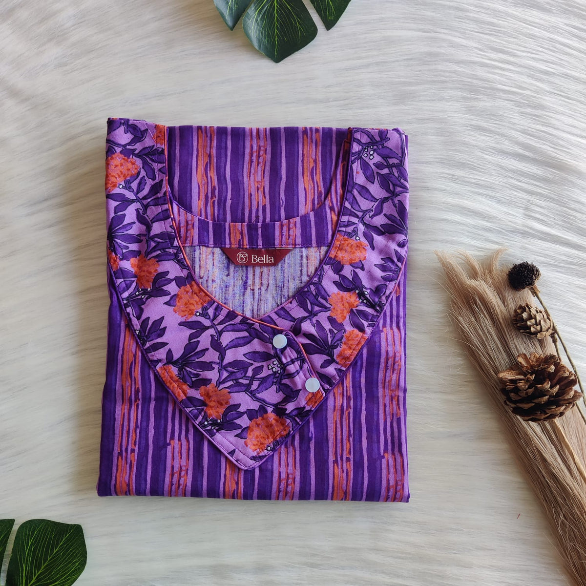 Peach And Purple Stripes Printed Premium Cotton Side Button Nighty | Free Size | Chest Width 44″| Length 55″-56″
