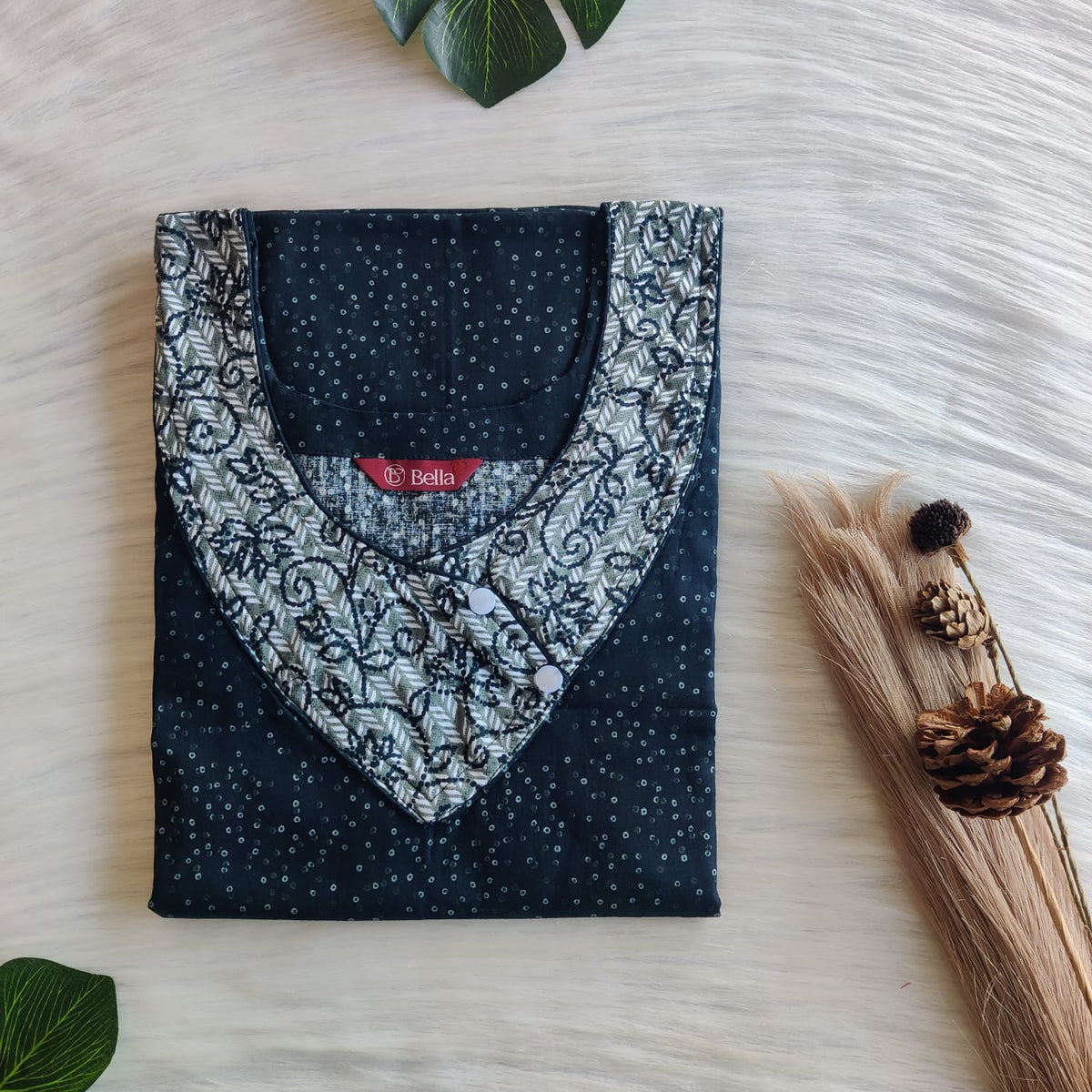 Pale And Dark Green Printed Premium Cotton Side Button Nighty | Free Size | Chest Width 44″| Length 55″-56″