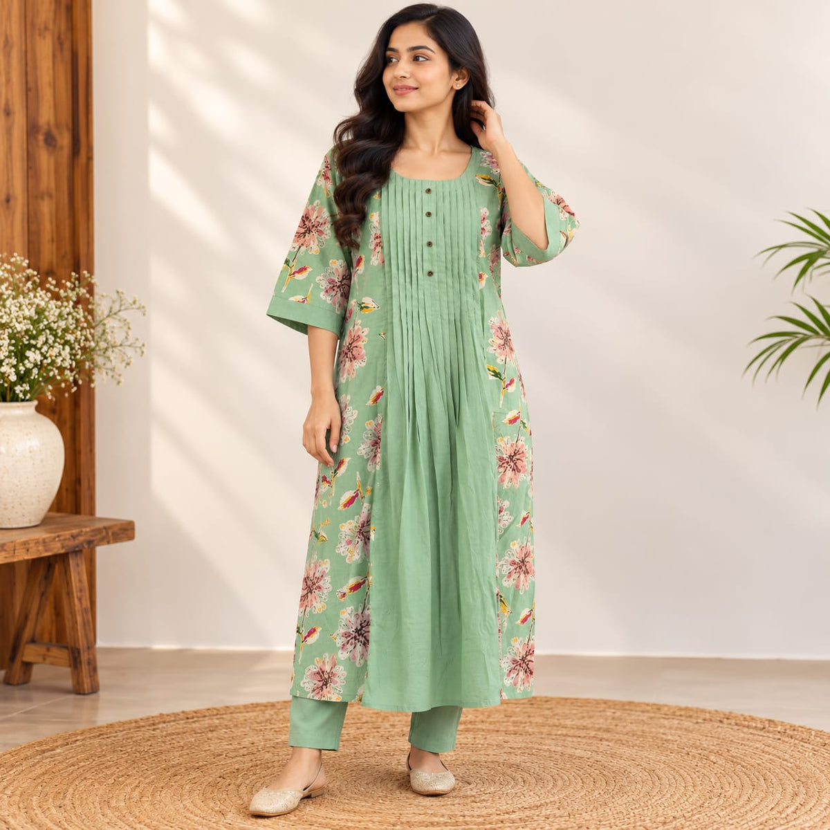Pastel Green Floral Printed Cotton Co-Ord Set
