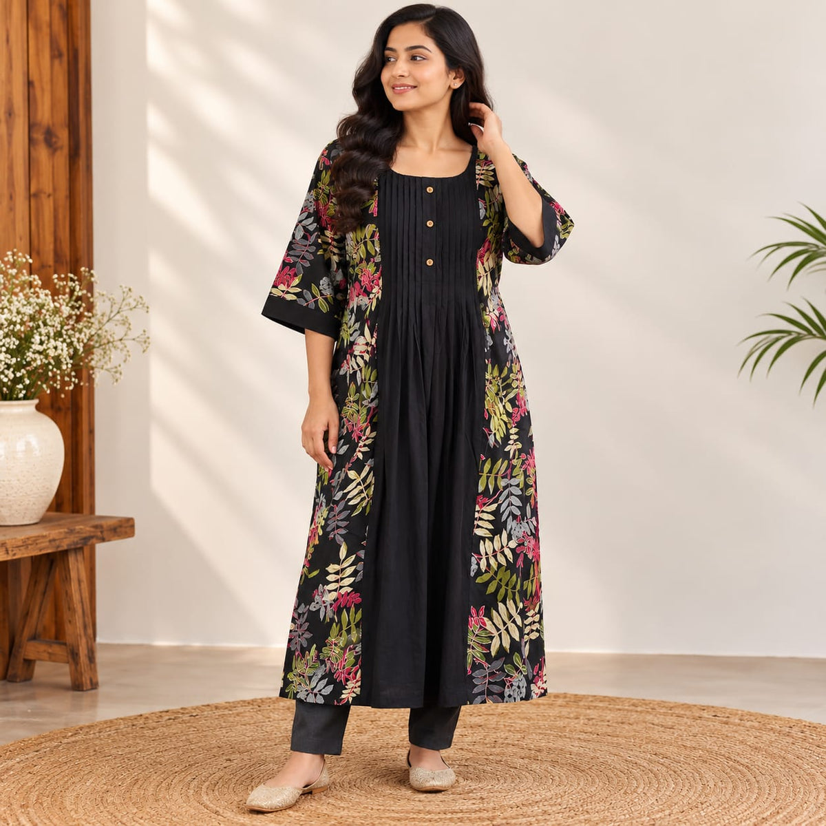 Black Floral Printed Cotton Co-Ord Set