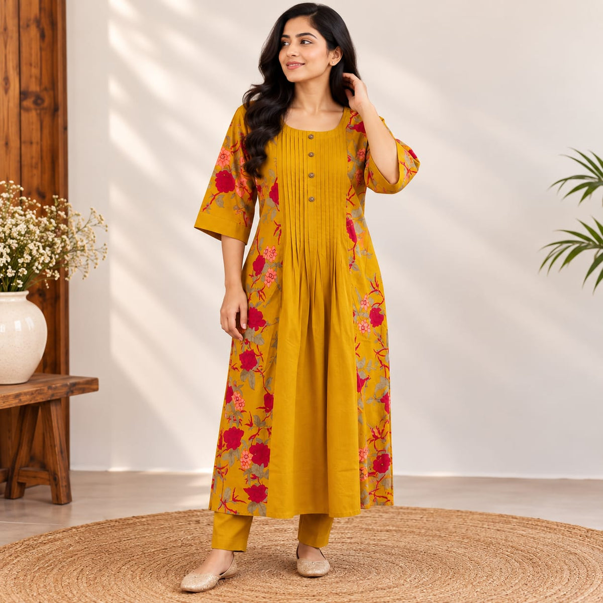 Mustard Yellow Floral Printed Cotton Co-Ord Set